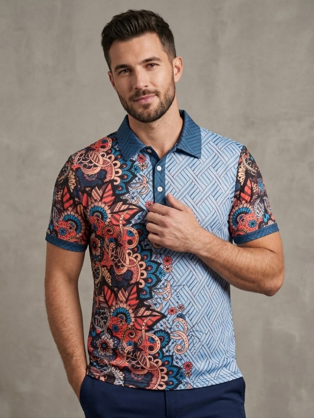 Men's Split Design Polo Shirt Mandala Geometric Colorblock Boho Top